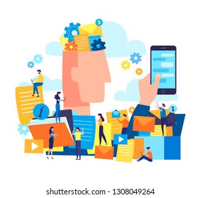 Vector creative illustration concept, people are engaged in joint search for ideas, abstract person's head, filled with ideas of thought and analytics, holding a smartphone, replacing old with new