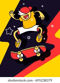 Vector creative illustration of cool hipster skater makes a jump on the skateboard on colorful background. Confident happy skateboarder. Line art style design of cool skateboarder for web, poster