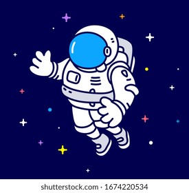 Vector creative illustration of cosmonaut in spacesuit making spacewalk. Astronaut exploring outer space on dark background with star. Flat line art style concept design of human spaceflight for card