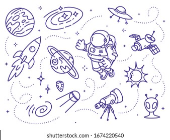 Vector creative illustration of cosmonaut in spacesuit and space objects on white background with star. Astronaut exploring outer space. Line art style concept design of human spaceflight for web