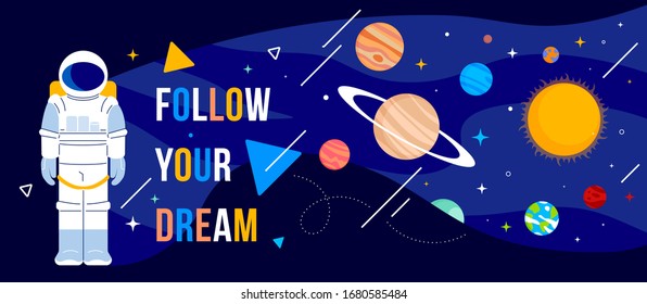 Vector creative illustration of cosmonaut in spacesuit and outer space on dark background with star. Flat line art style concept design of astronaut and planet for the holiday cosmonautics day banner