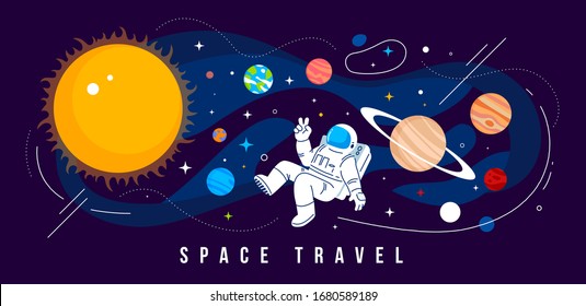 Vector creative illustration of cosmonaut in spacesuit exploring outer space with planet of solar system and sun. Astronaut flying in zero gravity on dark background. Flat line art style design