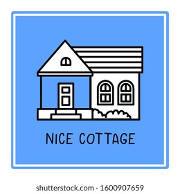 Vector creative illustration of country house with window in frame on blue color background. Line art style design of vacation home with text for web, site, banner, poster, card