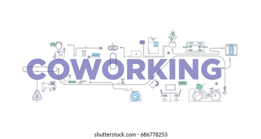 Vector creative illustration of coworking word lettering typography with line icons on white background. Branding technology concept for Coworking center, University campus. Header banner, flyer, card