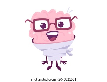 Vector Creative Illustration of Crazy Pink Human Brain Character in Straitjacket on White Background. Flat Style Knowledge Concept Design of Brain in Glasses for Web, Site, Banner, Poster