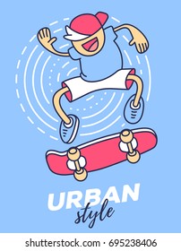 Vector creative illustration of crazy smile skateboarder makes a jump on the skateboard on blue background with title. Line art style design of cool skateboarder for web, poster