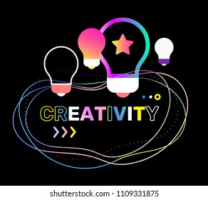 Vector creative illustration of creativity word typography with light bulb on black background. Creative idea concept with color decor element. Glow neon effect template design for business banner