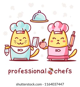 Vector creative illustration of cute character yellow girl and boy cat chef in hat with fish, knife, apple, rolling pin. Flat line art style design of happy cat for web, site, banner, card, poster