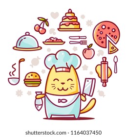 Vector creative illustration of cute character yellow cat chef in blue hat and costume with fish, dish, cook professional accessory. Flat line art style design of happy male cat for web, banner, card