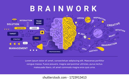 Vector Creative Illustration Of Decorative Human Brain With Icon And Tag Word On Color Background. Left And Right Cerebral Hemisphere Creative And Analytical Template. Flat Line Art Style Brain Design