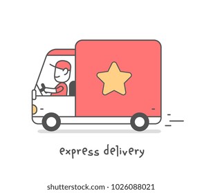 Vector creative illustration of delivery happy man in red uniform with cap carrying the parcel by car. Express delivery of parcel service. Flat line art style design for web, banner