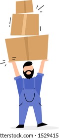 Vector creative illustration of delivery man in blue color uniform holding up box on white background. Flat style design for web, site, banner, poster, advertising