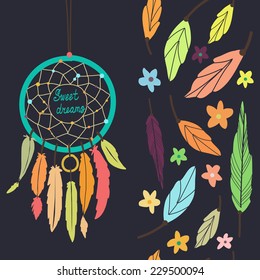 Vector creative illustration. Design card with dream cather with floral element, leaves and flowers on the black background