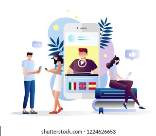 Vector creative illustration of distance learning, online learning, choice of language courses, exam preparation, home schooling. People watching webinar. Language school. Characters design