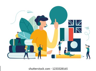 Vector creative illustration of distance learning, online learning, choice of language courses, exam preparation, home schooling