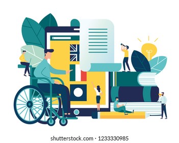 Vector creative illustration of distance learning for people with disabilities, online learning, choice of language courses, exam preparation, home schooling