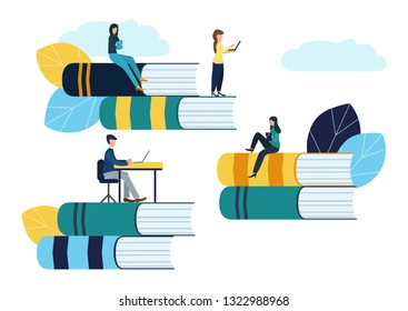 Vector creative illustration of distance learning, online learning, exam preparation, home schooling.