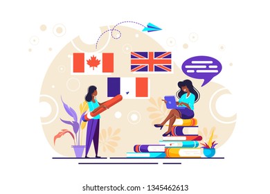 Vector creative illustration of distance learning, online learning, choice of language courses, exam preparation, home schooling
