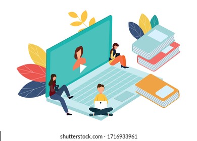 Vector creative illustration of distance learning, online learning, exam preparation, home schooling.