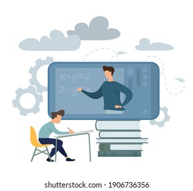 Vector creative illustration of distance learning, online stack of books learning, choice of mathematical or language courses, exam preparation, home schooling knowledge on phone