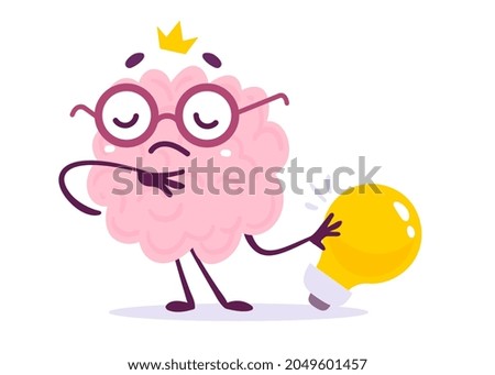 Vector Creative Illustration of Dream Pink Human Brain Character in Glasses on White Background. Flat Style Knowledge Concept Design of Brain and Yellow Light Bulb Idea for Web, Site, Banner, Poster