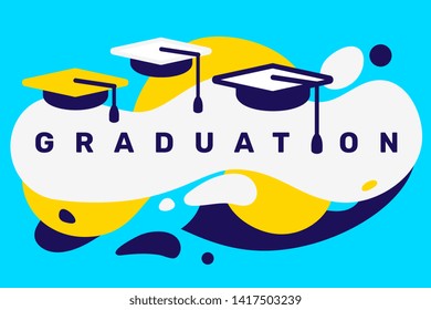 Vector creative illustration of education graduation word typography with academic cap on bright color background with abstract shape. Flat style design for web, site, horizontal banner, presentation