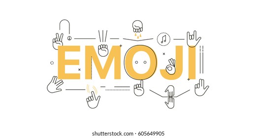 Vector creative illustration of emoji word  with line. Hand emoticon. Gestures emoji. Thin line art style design.