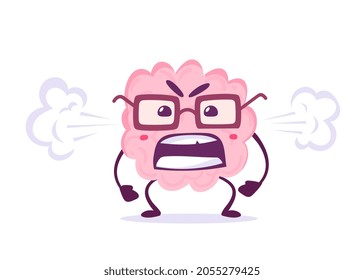 Vector Creative Illustration of Emotional Angry Pink Human Brain Character with Steam from Ear on White Background. Flat Doodle Style Knowledge Concept Design of Brain in Glasses for Web, Site, Banner