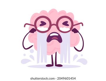 Vector Creative Illustration of Emotional Crying Pink Human Brain Character with Stream of Tear on White Color Background. Flat Doodle Style Knowledge Concept Design of Unhappy Brain in Glasses