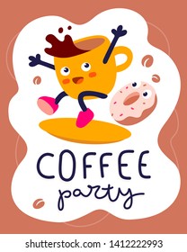 Vector creative illustration of energy coffee cup character riding on a surfboard with donut and text. Flat style graphic design for web, site, banner, poster, sticker