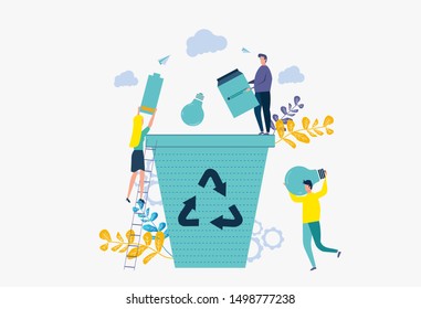 Vector creative illustration of environmental protection, the employee is engaged in waste disposal. Disposal of hazardous substances and waste