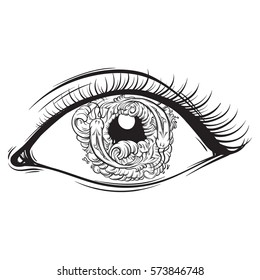 Vector creative illustration of eyes with fish and waves in pupil made in hand drawn style. Cute line artwork. Trendy template for card, poster, banner, print for t-shirt