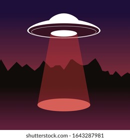 Vector creative illustration of flying saucer with a spot of light on dark background. Creative design of UFO for web, site, banner, poster