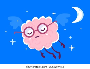 Vector Creative Illustration of Flying Sleep Pink Human Brain Character in Glasses with Wing on Blue Sky Background. Flat Doodle Style Knowledge Concept Design of Dream Brain for Web, Site, Banner