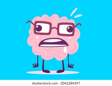 Ilustración vectorial creativa del personaje de cerebro humano de color rosa tonto en lentes con saliva de flujo en fondo de color. Diseño de concepto de educación de estilo plano para el cerebro para la web, sitio, cartel, afiche