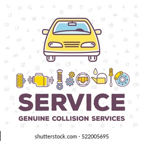 Vector creative illustration of frontal view car on white pattern background with word header and line auto accessories. Quality car service and maintenance concept. Flat thin line art style design