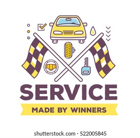 Vector creative illustration of frontal view car on white background with header, racing flags, line auto accessories. Quality car service and maintenance concept. Flat thin line art style design