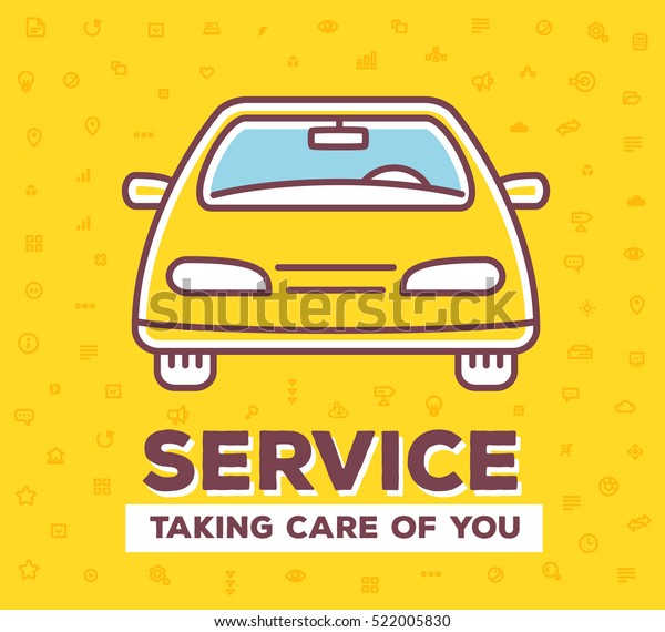 Vector creative illustration of frontal view car\
with pattern of line icons and word typography on yellow\
background. Car service, maintenance concept. Flat thin line art\
style design for car\
repair