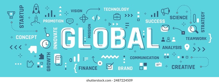 Vector creative illustration of global word typography with line icon, word cloud on blue color background. Line art style design of global business infographic concept for digital banner, poster