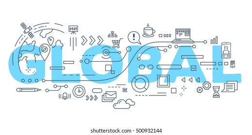 Vector creative illustration of global word lettering typography with line icons on white background. Global technology concept. Thin line art style design for site, web, banner, poster