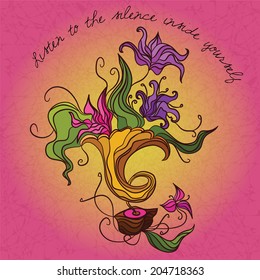 Vector creative illustration of gramophone with flowers on scrached background. Grunge banner with place for text.