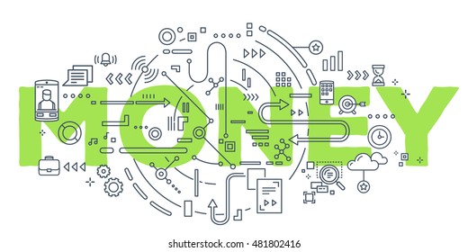 Vector creative illustration of green money word lettering typography with line icons on white background. Payment technology concept. Thin line art style design for payment technology theme