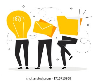 Vector creative illustration of group of business people with object instead of body and icon on white background. Multitask office worker team. Flat style people teamwork design for web, banner