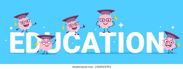 Vector creative illustration of group of happy pink brain character in graduation cap and word education on color background. Flat doodle style knowledge concept design of happy human brain character