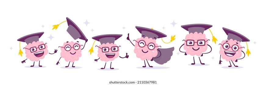 Vector creative illustration of group of happy pink brain character with graduation cap on white color background. Flat doodle style knowledge design of team of different happy brain character