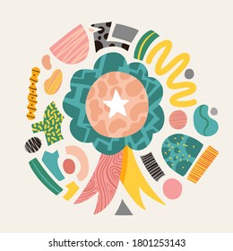 Vektorgrafik. Illustration der handgefertigten, geschäftlichen Erfolgsauszeichnung. Preisgestaltung für kreative Grafiken der Gewinner. Erfolgssymbole