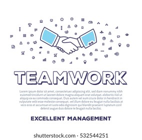 Vector creative illustration of handshake with word typography, cloud of line icons on white background. Business teamwork template. Thin line art style concept design for business cooperation theme