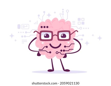 Vector Creative Illustration of Happy Brain Character in Glasses with Micro Chip on White Color Background. Flat Doodle Style Knowledge Concept Design of Happy Smile Human Brain for Web, Site, Banner