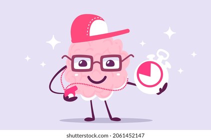 Vector Creative Illustration of Happy Brain in Sport Cap and Glasses on Color Background. Flat Doodle Style Knowledge Concept Design of Happy Smile Human Brain Character with Whistle and Stopwatch