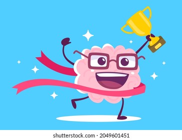 Vector Creative Illustration of Happy Champion Brain in Glasses Run through Tape with Golden Winner Cup on Blue Color Background. Flat Doodle Style Knowledge Concept Design of Happy Human Brain